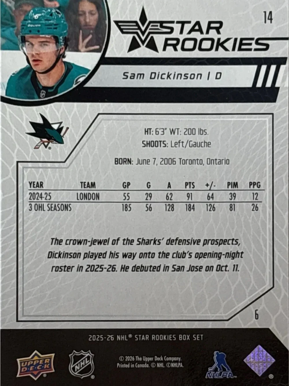 Upper Deck Star Rookies Sam Dickinson Hockey Card